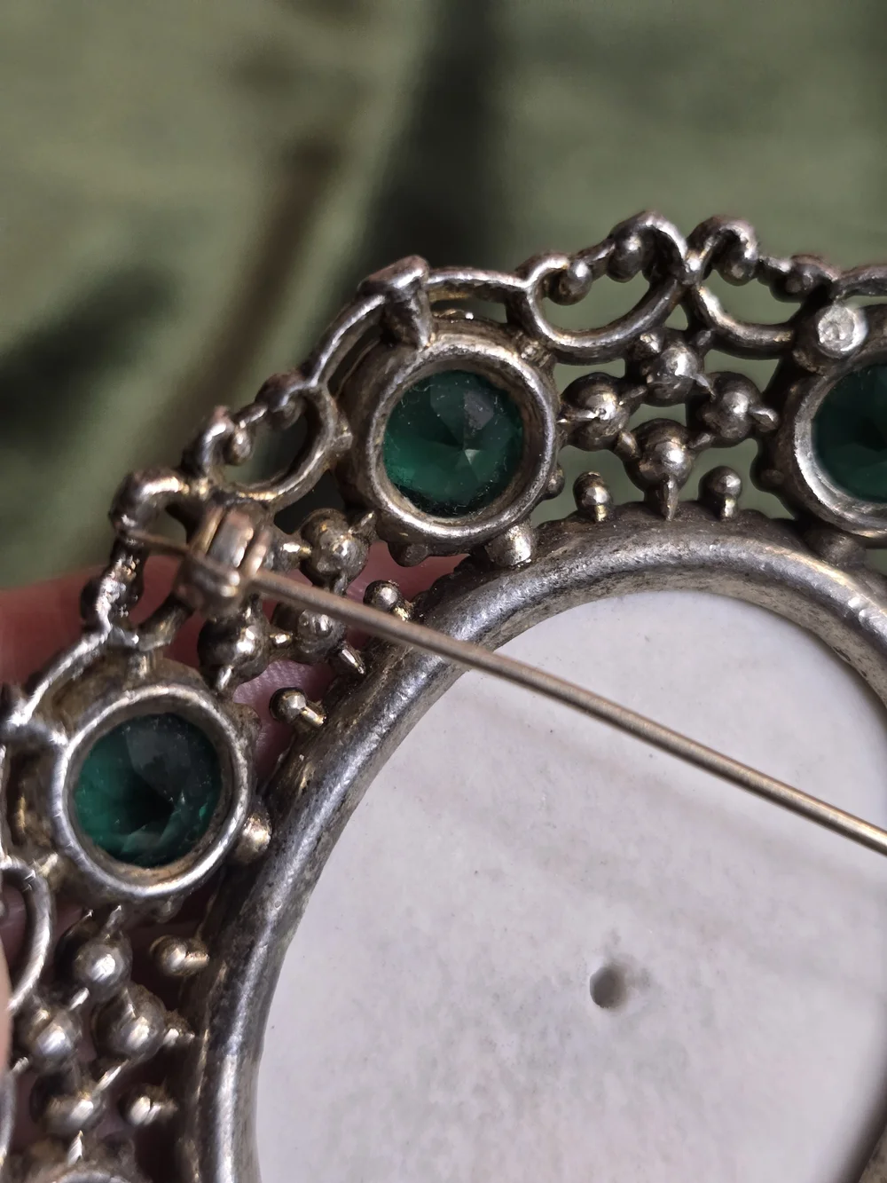 H Pomerantz Vintage Green Jeweled Oval Brooch with Romantic Porcelain Scene Rare